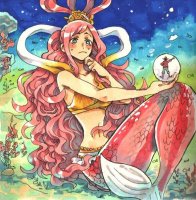 breasts drawing giantess color long_hair blue_eyes handheld one_piece mermaid underwater pink_hair unknown_artist sitting monkey_d_luffy top shirahoshi source_needed fish bare_midriff air_bubble