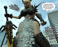 breasts giantess city mega blonde large_breasts long_hair destruction sword buildings stockings gloves boots shorts reflection thighs thigh_crush earrings top belt dialogue x-men spikes digital_render bare_legs marvel_comics anttiergod magik marvel_rivals
