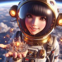 giantess giga city black_hair destruction handheld buildings brown_eyes explosion looking_at_viewer astronaut spacesuit digital_render ai_art
