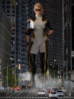 breasts giantess city mega blonde blue_eyes buildings superhero gloves street short_hair boots mask vehicles night thighs jacket costume jumpsuit hands_on_hips lamppost digital_render high_rise justablenderusername