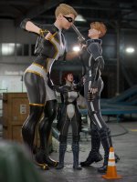 breasts giantess blonde large_breasts butt gun brunette superhero multiple_sizes gloves red_hair ponytail short_hair mini_giantess boots giantesses mask thighs indoors fist jacket jumpsuit looking_at_tiny digital_render holster crate high_rise warehouse ammo_belt justablenderusername standoff traffic_cone