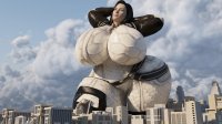 breasts giantess city mega black_hair blue_eyes buildings huge_breasts bbw kneeling clouds thighs looking_at_viewer belt jumpsuit thick_thighs digital_render mass_effect dinner-kun miranda_lawson clonecamando1471