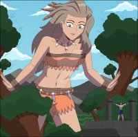 breasts drawing pokemon mega color long_hair cleavage bra shorts jungle parody mountains grey_hair grey_eyes king_kong necklace top sacrifice belt ripped_clothing arm_band looking_at_tiny bare_legs nightcore100 bare_midriff sada turo professor_sada