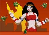 breasts drawing giantess mega black_hair color long_hair blue_eyes bra muscles shorts fighting fist swatting cape hairband armbands dc_comics parademon nightcore100 bare_midriff big_barda new_gods mister_miracle apokolisps