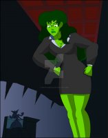 breasts drawing growth giantess tail mega color cleavage glasses green_eyes angry green_hair queen suit indoors alice_in_wonderland hands_on_hips office_lady she_hulk green_skin looking_at_tiny bare_legs marvel_comics nightcore100 court