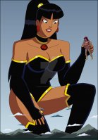 breasts drawing giantess giga mega black_hair color large_breasts long_hair handheld cleavage high_heels multiple_sizes brown_eyes giganta gloves red_hair ponytail dress boots kneeling mountains dark_skin clouds thighs choker costume earrings belt leotard looking_at_tiny superwoman dc_comics bare_legs nightcore100