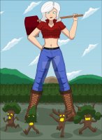 breasts drawing giantess white_hair mega color large_breasts blue_eyes jeans ginormica short_hair boots parody monster mountains forest pants monsters_vs_aliens shirt trees top belt hands_on_hips axe looking_at_tiny susan_murphy dreamworks nightcore100 bare_midriff lumberjack paul_bunyan