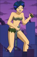 breasts drawing giantess city mega color handheld rampage cleavage buildings blue_hair angry tank train brown_eyes godzilla asian short_hair shorts parody smoke top ripped_clothing twilight reporter attack_of_the_50_foot_woman bare_legs nightcore100 bare_midriff connie_matsu