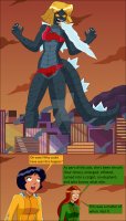 breasts drawing giantess tail city blonde comic black_hair color long_hair destruction claws rampage buildings green_eyes brown_eyes yellow_eyes red_hair short_hair fangs transformation mountains dark_skin clover totally_spies ripped_clothing jumpsuit dialogue alex sam scalie kaiju bare_legs fire_breathing nightcore100 bare_midriff
