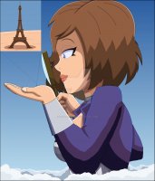 drawing giantess giga color large_breasts blue_eyes handheld cleavage brunette short_hair clouds magnifying_glass jacket choker eiffel_tower elizabeth bioshock_infinite looking_at_tiny bioshock elizabeth_comstock nightcore100 cutaway