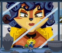 breasts drawing furry tail vixen color long_hair cleavage blue_hair fox brown_eyes smiling gloves police boots raccoon shrunken_man mask jewelry jacket choker top belt museum thief looking_at_tiny cane sly_cooper orange_skin grey_skin carmelita_fox nightcore100 police_officer sly_cooper_(series)