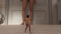 nude black_hair butt male toes barefoot tiny short_hair muscles shrunken_man bathroom indoors behind_view digital_render taintedwizard