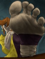 drawing feet blue_eyes toes barefoot foot_crush shrunken_person earrings ace_attorney orange_hair no_background looking_at_tiny anon athena_cykes rammzi9 frisart