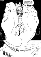 breasts drawing giantess earth giga space comic monochrome long_hair armor destruction toes barefoot unaware between_toes toe_crush costume galacta dialogue stars helmet cosmic_giantess marvel_comics guireyart10