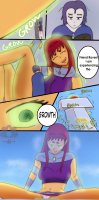 breasts drawing growth giantess panties mega upskirt alien color long_hair destruction skirt green_eyes purple_hair purple_eyes outgrowing_building raven teen_titans red_hair starfire sitting thighs cape top belt leotard dialogue hood looking_at_tiny dc_comics orange_skin bare_legs grey_skin bare_midriff titans_tower gearrain