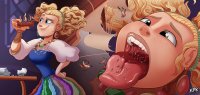breasts drawing micro vore blonde color tongue green_eyes gloves dress boots uniform bottle table shrunken_people shrunken_man falling freckles point_of_view necklace ships earrings hands_on_hips on_tongue hair_buns lilliputians dreamworks looking_at_tinies kisparlius goldilocks puss_in_boots
