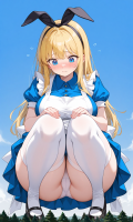 giga blonde dress yuegts giantess large_breasts blue_eyes skirt squatting forest white_panties alice_in_wonderland trees thick_thighs ai_art white_apron alice
