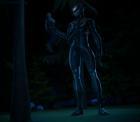 giantess breasts alien handheld shoes venom fangs forest pants night thighs jacket trees looking_at_tiny digital_render symbiote marvel_comics she_venom nookiidding