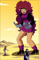 giantess breasts drawing mega alien color large_breasts long_hair clothed high_heels green_eyes purple_hair desert brunette raven teen_titans gloves red_hair starfire boots surprised shorts mountains magic thighs costume cape doom_patrol swap top belt leotard headband lasso dc_comics orange_skin bare_legs grey_skin elasti-girl nightcore100 bare_midriff rita_farr