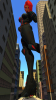 giantess city mega large_breasts butt destruction blue_eyes buildings red_hair boots foot_crush vehicles thighs costume belt jumpsuit vehicle_crush cracked_ground looking_at_tiny digital_render breats conqueringgoblin