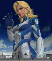 marvel_rivals giantess breasts city mega blonde blue_eyes buildings gloves thighs costume fantastic_four earrings belt digital_render marvel_comics looking_at_tinies susan_storm invisible_woman