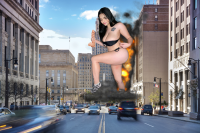 giantess city cars socks tattoo jasmine destroy dildo collage panties mega black_hair long_hair destruction cleavage bra fire vehicles bare_legs bare_midriff