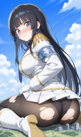 butt nylons big_butt yuegts giantess giga city black_hair blue_eyes embarrassed gloves uniform back looking black_panties senran_kagura ikaruga w-sitting light_blush ai_art