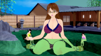 bikini giantess handheld mini_giantess hot_spring koikatsu fixed_clipping breasts black_hair swimsuit cleavage water glasses brunette kneeling sandals digital_render hair_band