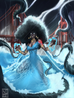 giantess mega bridge water ocean goddess dark_skin breasts black_hair cleavage dress monster rain waves necklace earrings golden_gate_bridge lightning glowing_eyes afro drawing color ngart7