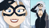 breasts drawing giantess mega color empire_state_building black_cat spider-man marvel_comics peter_parker felicia_hardy city comic large_breasts long_hair blue_eyes cleavage buildings smiling mask dangle choker web zipper looking_at_tiny nightcore100