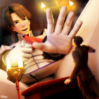 blushing naruhodo_ryunosuke asogi_kazuma giant male handheld looming ace_attorney digital_render bantoras shrunken_woman shrunken_man