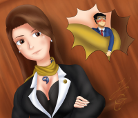 drawing shrunken_man ace_attorney phoenix_wright mia_fey scarf clothing_entrapment kogochew gentle business_suit