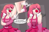 drawing smelly ace_attorney steam armpits clown geiru_toneido veruveru breasts comic color cleavage pink_hair gloves dress dialogue looking_at_tiny