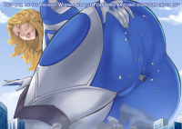 breasts drawing giantess mega blonde color butt costume invisible_woman marvel_comics susan_storm city long_hair destruction blue_eyes buildings butt_crush gloves smoke thighs bending_down dialogue looking_behind debris thick_thighs anybrody fantastic_four marvel_rivals