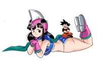 breasts drawing giantess color anime boots dragon_ball goku helmet no_background epgart panties mega black_hair long_hair bra smiling gloves lying_down sitting cape on_butt looking_at_tiny gi chi_chi