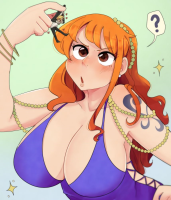 giantess drawing brown_eyes red_hair surprised tattoo purple_dress illustration tiny_man pearl_neckless quirky