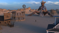 giantess blonde boots cowgirl digital_render taintedwizard fantasy sitting sand mountains sunset windmill old_west western saloon tiny_people