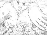 breasts drawing giantess chief pokemon city mega monochrome destruction rampage huge_breasts earrings jessie_(pokémon)
