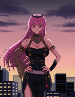 giantess city mega anime pink_hair dress sunset tiara hololive vtuber calliope_mori breasts drawing color large_breasts long_hair cleavage hands_on_hips