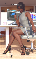 black_hair glasses sitting dark_skin computer office_lady looking_at_tiny bare_legs coffee_mug breasts office shrunken_man chair digital_render allthesizepuns