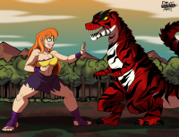 giantess mega fight red_hair dinosaur muscles batgirl dc_comics dncsamsonart red_rex breasts drawing tail color toes cleavage skirt green_eyes jungle fangs top ripped_clothing bare_legs bare_midriff dc_super_hero_girls