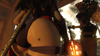 breasts blonde black_hair sword climbing shorts unaware top on_butt bare_legs butt shrunken_man leotard x-men psylocke digital_render spider-man marvel_comics bakedalaskabigs magik marvel_rivals