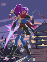 drawing giantess mega color destruction sword asian fighting x-men scarf psylocke marvel_comics peni_parker breasts city armor blue_eyes cleavage skirt buildings purple_hair gloves boots belt web looking_at_tiny gamefreakdx marvel_rivals mech Mega Destruction Cleavage