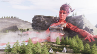 giantess dungeons_and_dragons baldurs_gate_3 landscape giant fantasy mountains forest river peaceful resting artistic exploration nature adventure surreal tents mythical camping imagination colossal storytelling epic mystical fictional magical character outdoor legendary scenery majestic elven innovative fantasy_art natural_beauty wanderlust enthralling