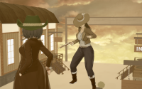 giantess mini_giantess sepia movie_set wild_west western koikatsu desert cowgirl animation classic hat adventure sunset vintage action shotgun duel cowboy sunshine stylized west headgear standoff gunfight drama texas townscape barriers suspense cinematic epic courage