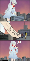 giantess white_hair city comic long_hair blue_eyes ponytail dress weapon heart jewelry white_dress necklace earrings pendant rooftop weiss_schnee multiple_girls 1girl 2girls spoken_heart high_collar heart_emoji shrunken_woman shrunken_man vehicles rwby