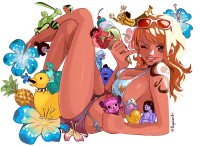giantess sunglasses bikini_top watermelon pineapple blonde_hair tiny_man tiny_woman tiny_monsters blue_flowers fugoluv3r