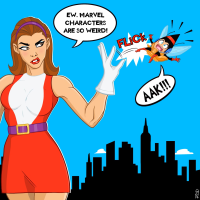 wings city blue_eyes skirt high_heels brown_eyes boots shrunken_woman costume belt dialogue flick looking_at_tiny bare_legs breasts drawing giantess mega color crossover brunette gloves avengers doom_patrol hairband dc_comics janet_van_dyne marvel_comics the_wasp fusion elasti_girl rita_farr rod_allen modok