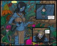 breasts tail comic green_eyes navi necklace dialogue arrows drawing giantess alien black_hair color handheld thor66 jungle blue_skin outdoors avatar braid looking_at_tiny pointed_ears xentain loincloth bare_midriff