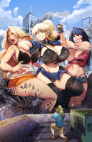 breasts drawing nipples giantess city blonde black_hair destruction blue_eyes crossover bra huge_breasts angry fighting skyscraper giantesses outdoors ripped_clothing semi_nude hmage bare_midriff police_officer bare_thighs a_goddess_of_law officer_nikki bobby_and_clair bobby_(bobby_and_clair) clair_(bobby_and_clair) trixie_(bobby_and_clair) panties large_breasts skirt gloves shorts giantessfan